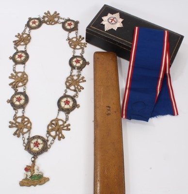 Lot 33 - The Most Noble Order of The Garter- Victorian brass theatrical collar , a theatrical Garter star , Edwardian fitted box possibly for a Garter with gilt embossed crown to lining and part of a K.C.V....