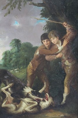 Lot 78 - After Thomas Barker Oil on panel figures by fighting dogs