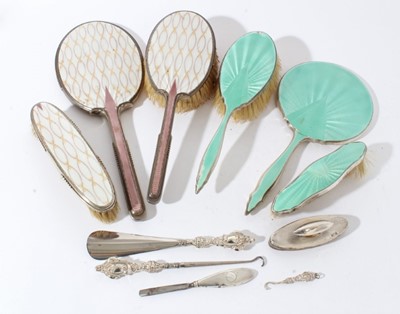 Lot 99 - George V silver and green guilloche enamel hand mirror (Birmingham 1931) together with two matching brushes, another silver and guilloche enamel hand mirror with two matching brushes and other silver