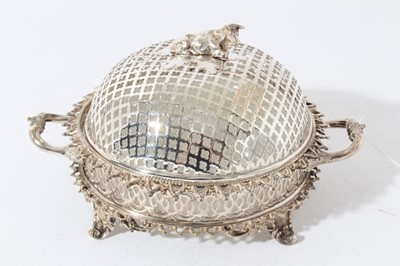 Lot 51 - Good quality late Victorian silver plated butter dish with pierced cover surmounted with a cow