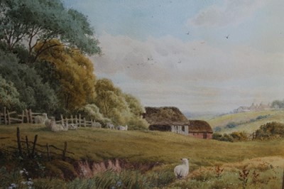 Lot 270 - Henry Hilton watercolour - sheep grazing on a hillside, signed, in glazed gilt frame