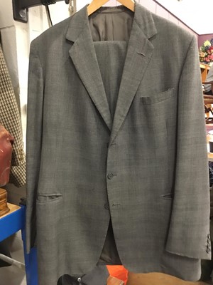 Lot 65 - 1930s double-breasted long black coat, tailor made two piece Prince of Wales check suit and a Harris Tweed sports jacket