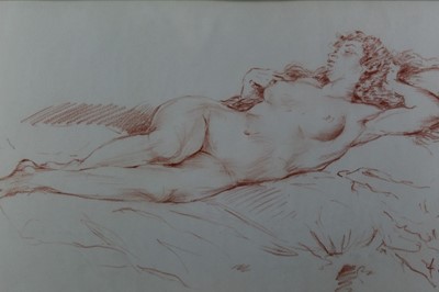 Lot 30 - 20th century, conte crayon drawing on paper - a reclining female nude, indistinctly signed, in glazed gilt frame, 28cm x 45cm