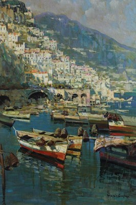 Lot 31 - Mid 20th century Italian School oil on canvas - The Amalfi Coast, indistinctly signed, in gilt frame, 70cm x 51cm