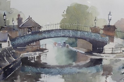Lot 27 - Maurice Hill, contemporary, watercolour - The Horse Bridge, Little Venice, signed, in glazed gilt frame, 23cm x 42cm