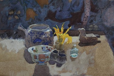 Lot 26 - Christina Gaa (1939-1992) watercolour - still life with Nepalese bird, initialled, in glazed frame, 22.5cm x 28cm 
Provenance: Bankside Gallery, London