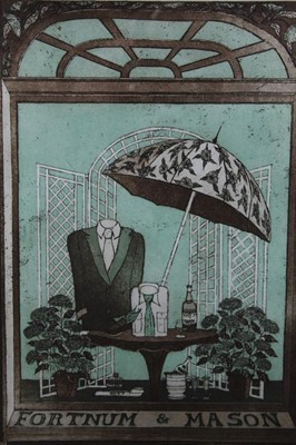 Lot 28 - Laetetia De Haas (b.1948) pair of signed limited edition coloured etchings - Fortnum & Mason I & II, dated '80, in glazed frames, 41cm x 31cm