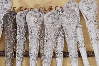 Lot 156 - A fine early 20th century Tiffany & Co Sterling silver Florentine pattern canteen of cutlery comprising: ten dinner forks, seventeen dessert forks, ten silver handled dinner knives, eleven silver h...