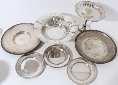 Lot 153 - American silver fluted bowl, engraved 'Harrisburg Horse Show 1934, Officers Chargers, 27cm diameter, two American silver circular plates, American silver pedestal tazza with weighted foot and three...