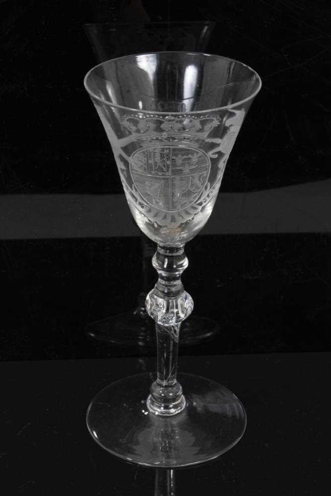 Lot 166 - Georgian 'Newcastle' light baluster armorial wine glass