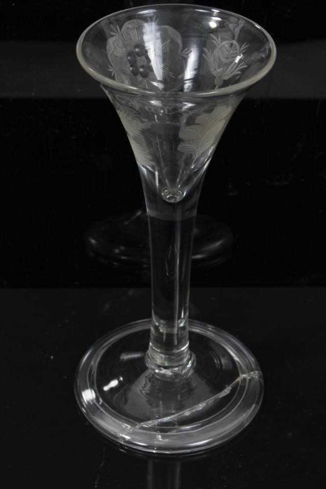 Lot 163 - Georgian wine glass, c.1750, the drawn trumpet bowl with Jacobite engraving and inscribed 'FIAT', on a plain stem above a folded conical foot, 13.75cm height