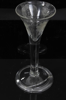 Lot 163 - Georgian wine glass, c.1750, the drawn trumpet bowl with Jacobite engraving and inscribed 'FIAT', on a plain stem above a folded conical foot, 13.75cm height