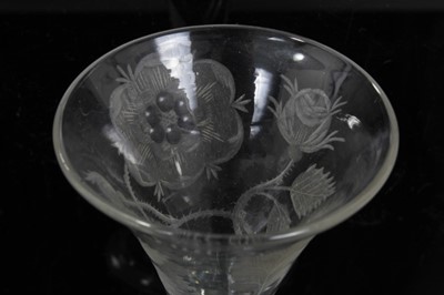 Lot 163 - Georgian wine glass, c.1750, the drawn trumpet bowl with Jacobite engraving and inscribed 'FIAT', on a plain stem above a folded conical foot, 13.75cm height