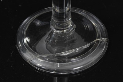 Lot 163 - Georgian wine glass, c.1750, the drawn trumpet bowl with Jacobite engraving and inscribed 'FIAT', on a plain stem above a folded conical foot, 13.75cm height