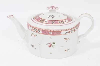 Lot 139 - A Keeling type oval teapot and cover, decorated en grisaille, pattern number 91, a globular teapot and cover and an oval teapot and cover, both painted in famille rose palette