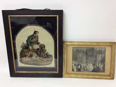 Lot 42 - Fine Victorian silk and woolwork embroidered picture depicting H.R.H. Prince Albert with fishing equipment and Irish Wolf hound at his feet in original reeded ebonised frame , 48 x 39.5 cm and Vict...