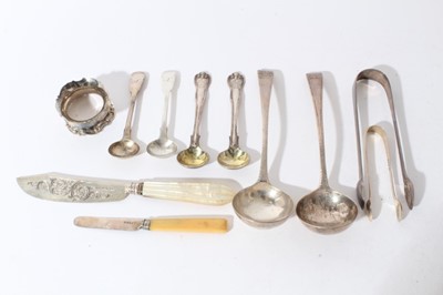 Lot 137 - Pair of George III silver old english pattern sauce ladles with feather edges and engraved armorials (marks rubbed) together with a group of Georgian and later flatware (various dates and makers)