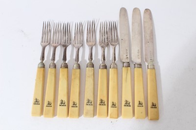 Lot 136 - Group of William IV silver fruit cutlery comprising seven forks and three knives, all with ivory handles, (Birmingham 1830), maker Joseph Willmore (10 pieces)