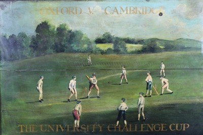 Lot 19 - Decorative oil on panel depicting the Oxford V. Cambridge University Challenge Cup Cricket Match, framed, 50cm x 76cm