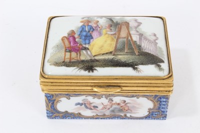 Lot 109 - Good quality 18th/19th century continental ormolu-mounted porcelain box, painted with figural scenes, some in scrollwork cartouches on blue daiaper grounds, 8.5cm width