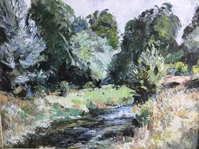 Lot 204 - Manner of Ronald Ossory Dunlop, oil on board, River landscape