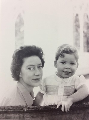 Lot 65 - H.R.H The Princess Margaret Countess of Snowdon and her young son Lord David Linley , signed 1963 Lord Snowdon black and white portrait photograph signed in ink on mount by the Princess and her hus...