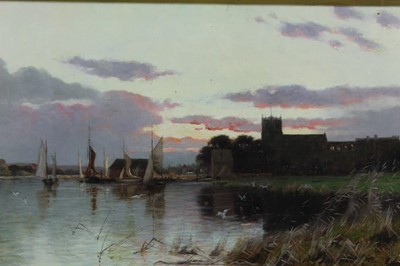 Lot 171 - Sidney Pike (1858-1923), oil on canvas, sailing vessels in the foreground, signed and dated 1914, in gilt frame, 30 x 60cm