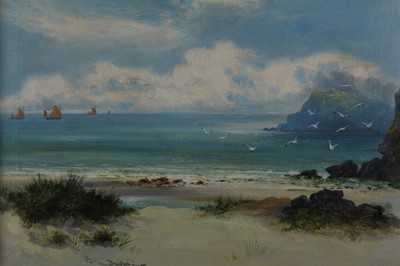 Lot 166 - William Langley (act. 1880-1920), oil on canvas, A coastal scene with seabirds flying over the foreshore, fishing vessels beyond, signed, in gilt frame, 49 x 59cm