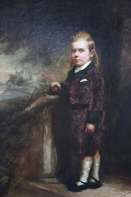 Lot 130 - John Horsburgh (1835-1924), A portrait of a child standing by a lecturn, Edinburgh Castle in the distance, signed and dated 1872, and inscribed Edin, in original gilt frame, 57 x 44cm