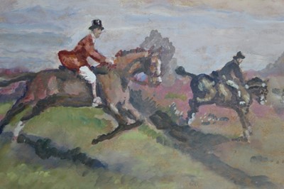 Lot 126 - Ronald Ossory Dunlop (1894-1973), oil on board, A hunting scene with riders jumping a ditch, signed, in painted frame, 28 x 34cm