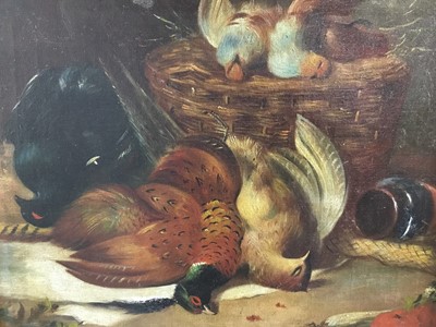 Lot 125 - 19th century English School, oil on canvas, A game larder, indistinctly signed and dated, in gilt frame, 30 x 38cm