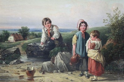Lot 124 - J. Stewart, oil on canvas, A 19th century oil on canvas of children collecting water, the smallest child crying over a broken jug, signed, in gilt frame, 22 x 30cm