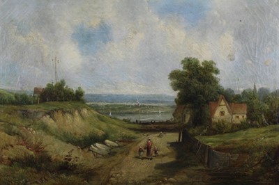 Lot 170 - Alfred H. Vickers (1853-1907), oil on canvas, Figures on a rough path by a farmhouse, a river beyond, signed and dated, in gilt frame, 40 x 60cm