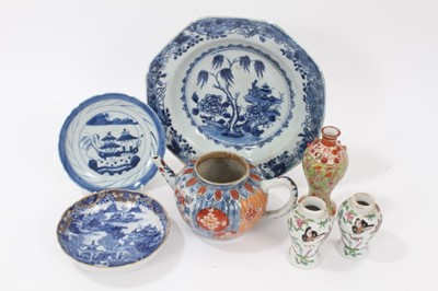 Lot 92 - Collection of 18th and 19th century Chinese porcelain, including a Kangxi Imari teapot, 18th century blue and white plate and saucer, 19th century saucer, pair of miniature Canton vases, and a mini...