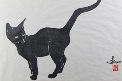 Lot 211 - Satoko Hirano, Japanese, b.1947, woodcut of a cat, framed, signed in Japanese in pencil, ed. 56/200, 53cm x 40cm