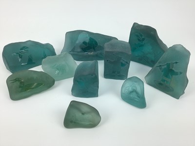Lot 234 - Ten Canadian Inuit etched and engraved frosted sea glass paperweights by Siku and others (10)