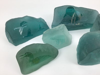 Lot 234 - Ten Canadian Inuit etched and engraved frosted sea glass paperweights by Siku and others (10)