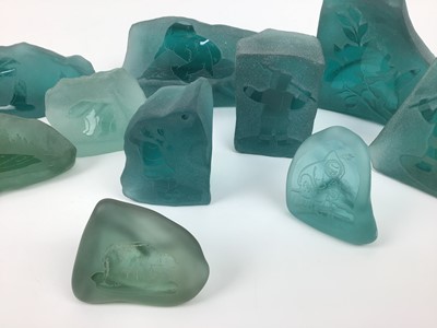 Lot 234 - Ten Canadian Inuit etched and engraved frosted sea glass paperweights by Siku and others (10)