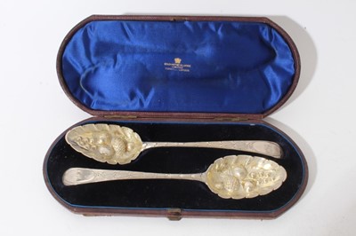 Lot 129 - Pair of George III Old English pattern table spoons with engraved initials, later converted to 'Berry Spoons' (various dates and makers) in velvet lined fitted case, 3.5oz, each 21.5cm in length