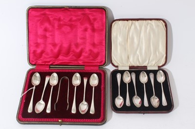 Lot 130 - Set of six Edwardian silver Old English pattern teaspoons, with matching sugar tongs in a fitted case, (Sheffield 1908) together with a set of six George V silver coffee spoons in a fitted case, (S...