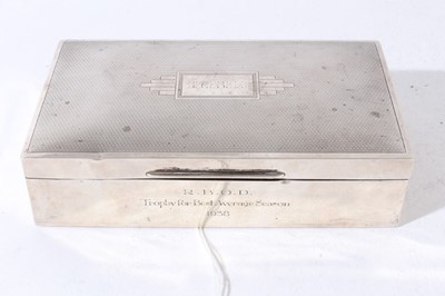 Lot 148 - Pigeon Racing Interest- George VI silver cigarette box of rectangular form with engine turned decoration to lid and central cartouche engraved Bluebell and engraving to the front 'R.B.O.D. Trophy f...