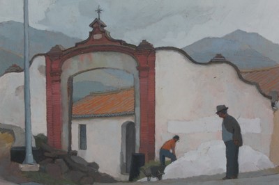 Lot 174 - Charles Debenham (b.1933) oil on board - Factory Gate, Torrox, signed, titled verso and dated '87, unframed, 20cm x 25cm
