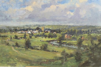 Lot 178 - John Neale, contemporary, oil on board - extensive valley landscape, signed and dated 1982, unframed, 38cm x 61cm