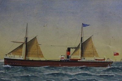 Lot 182 - Italian School, 19th century, gouache - Vesuvius by night, 13cm x 18cm, 19th century gouache depicting S.S. Jacob Bricht at sea, 25cm x 34cm, pair of Chinese school gouaches depicting Junks, 21cm x...