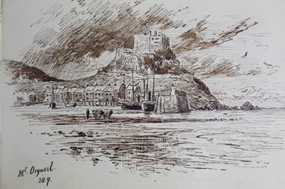 Lot 186 - Charming late Victorian artists sketch book containing approximately 127 sketches to include views of Padstow, Itchen, Beaulieu, Guernsey, Sark, St Michaels Mount, Dinan and many others, circa 1895...
