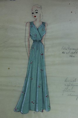 Lot 188 - Group of 1940s and 50s costume and clothing designs, four for Dorothy Ward, fifteen designs on tracing paper from Richard Steinweg studios, together with fourteen other assorted designs, all unfram...