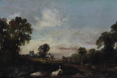 Lot 224 - English School, 19th century, oil on panel - travellers in a rural lane with a church beyond, in gilt frame, 21cm x 34cm