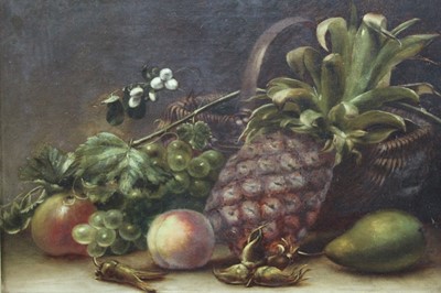 Lot 225 - English School, 19th century, oil on canvas - still life of fruit on a ledge, in gilt frame, 35cm x 45cm