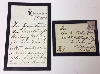 Lot 74 - H.M.Queen Victoria , handwritten letter written on Buckingham Palace crowned VR  mourning notepaper dated May 12th 1900 to The Reverend B.Pollock, Headmaster of Wellington College , " The Queen tha...