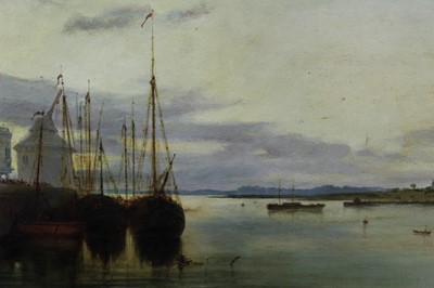 Lot 278 - 19th century English School, oil on panel, A continental harbour scene with many figures on the quay and fishing vessels at anchor, in gilt frame, 28 x 49cm